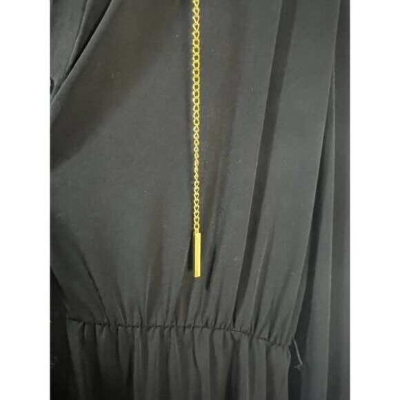 Black Button-Down Long-Sleeve Dress With Gold Chain Detailing & Elastic Waist - Picture 4 of 8